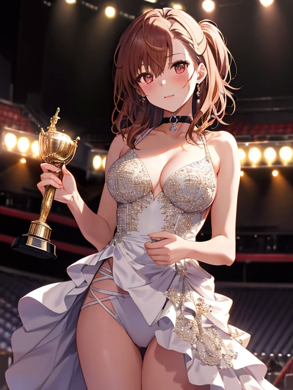 (Evening Dresses), (Holding up the trophy:1.5), Background is the stage, Misaka Mikoto, 1girl, black choker, uhd, retina, masterpiece, ccurate, anatomically correct, textured skin, super detail, high details, high quality, best quality, highres, 4K