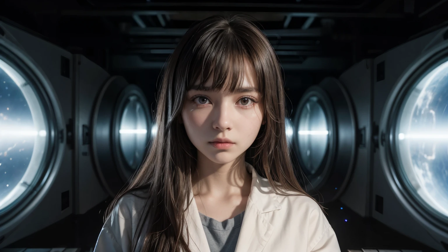 beautiful woman. Twenty years old. She has her bangs down. She is looking at the camera with a defiant expression. She is wearing a researcher's lab coat. A gate leading to another world opens in the space behind her.