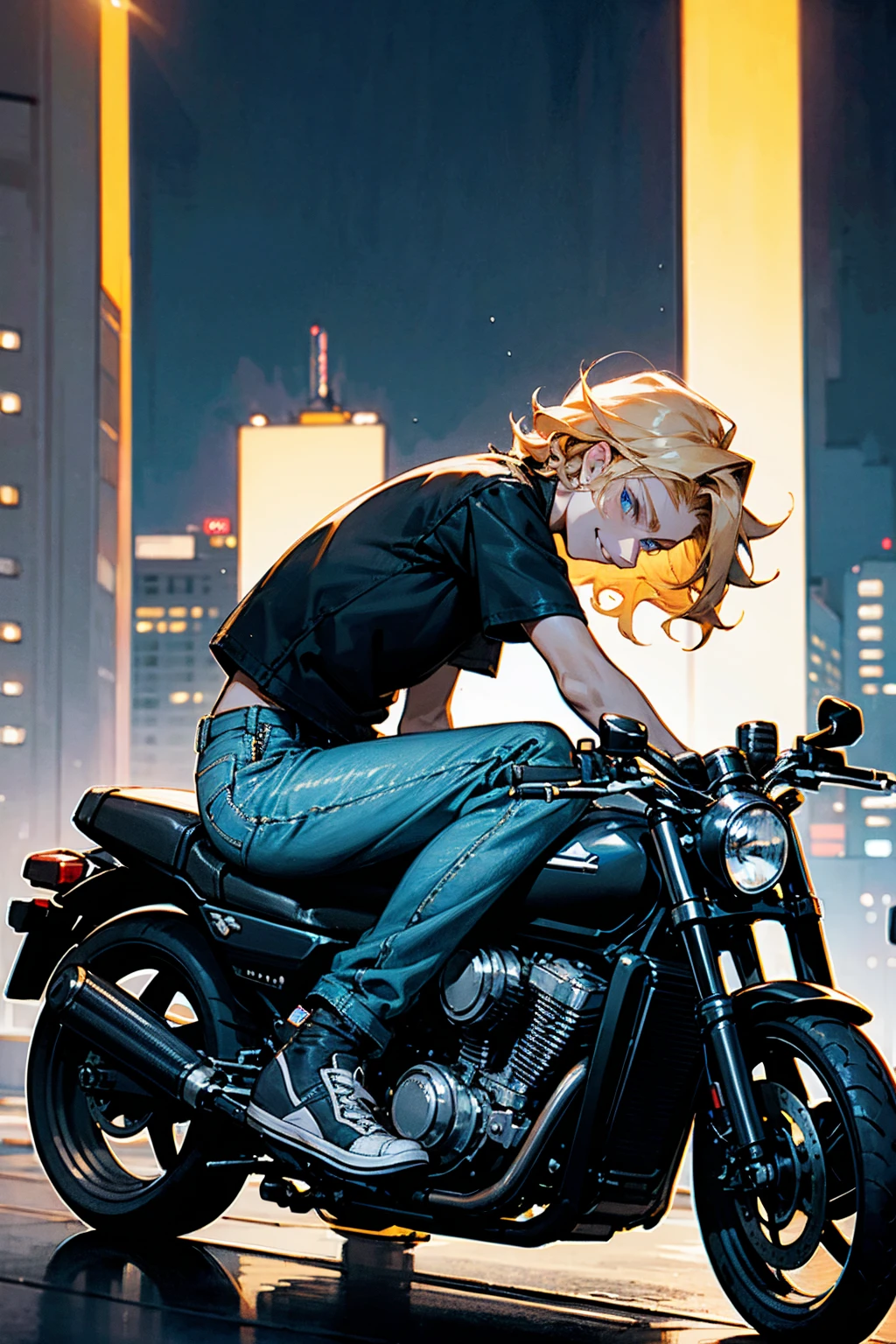 1male, wavy blonde hair, blue eyes, wearing a black leather jacket, grey t-shirt, baggy jeans, white sneakers, leaning against a motorcycle, nighttime city background with neon lights, smirking.