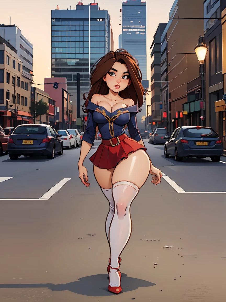 high detailed, 1girl character masterpiece with a miniskirt, Perfect eyes, anime eyes, thigh high stockings, High heels, perfect hands, round chest, Wide hips, thick thighs, straight hairstyle, Brown hair, on the corner of a street, ultra realistic digital art, a 3D representation, photorealism