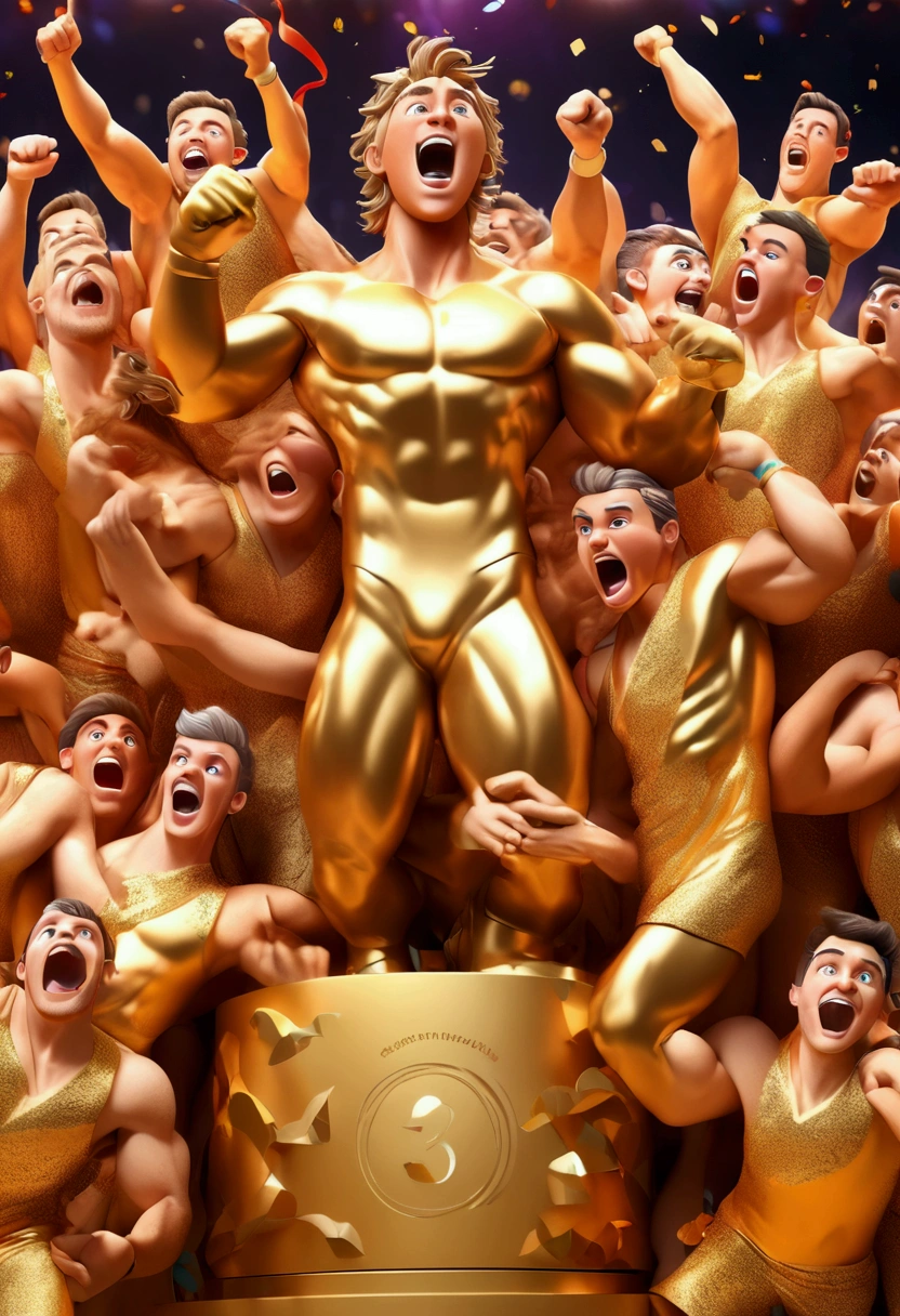 (Award-Winning Moment, podium, gold medal or trophy), in the style of playful cartoon illustration, realistic, hyper-detailed rendering, interactive media, joyful chaos, full body, award-winning, cinematic still, emotional, vignette, dynamic, vivid, (masterpiece, best quality, photorealistic, Professional, perfect composition, very aesthetic, absurdres, ultra-detailed, intricate details:1.3)