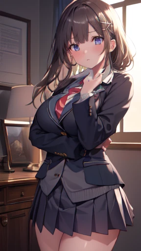Very detailed、(8k, RAW Photos, Highest quality, masterpiece:1.2), (extremely detailed 8k wallpaper),shape、Professional Lighting,Sharp focus, Written boundary depth、
Browsing Caution、Clear Eyes、Perfect Anatomy、With a girl、12 years old、, blazer, School,, Short skirt,Face close-up,hair ornaments、imminent kiss,Huge 