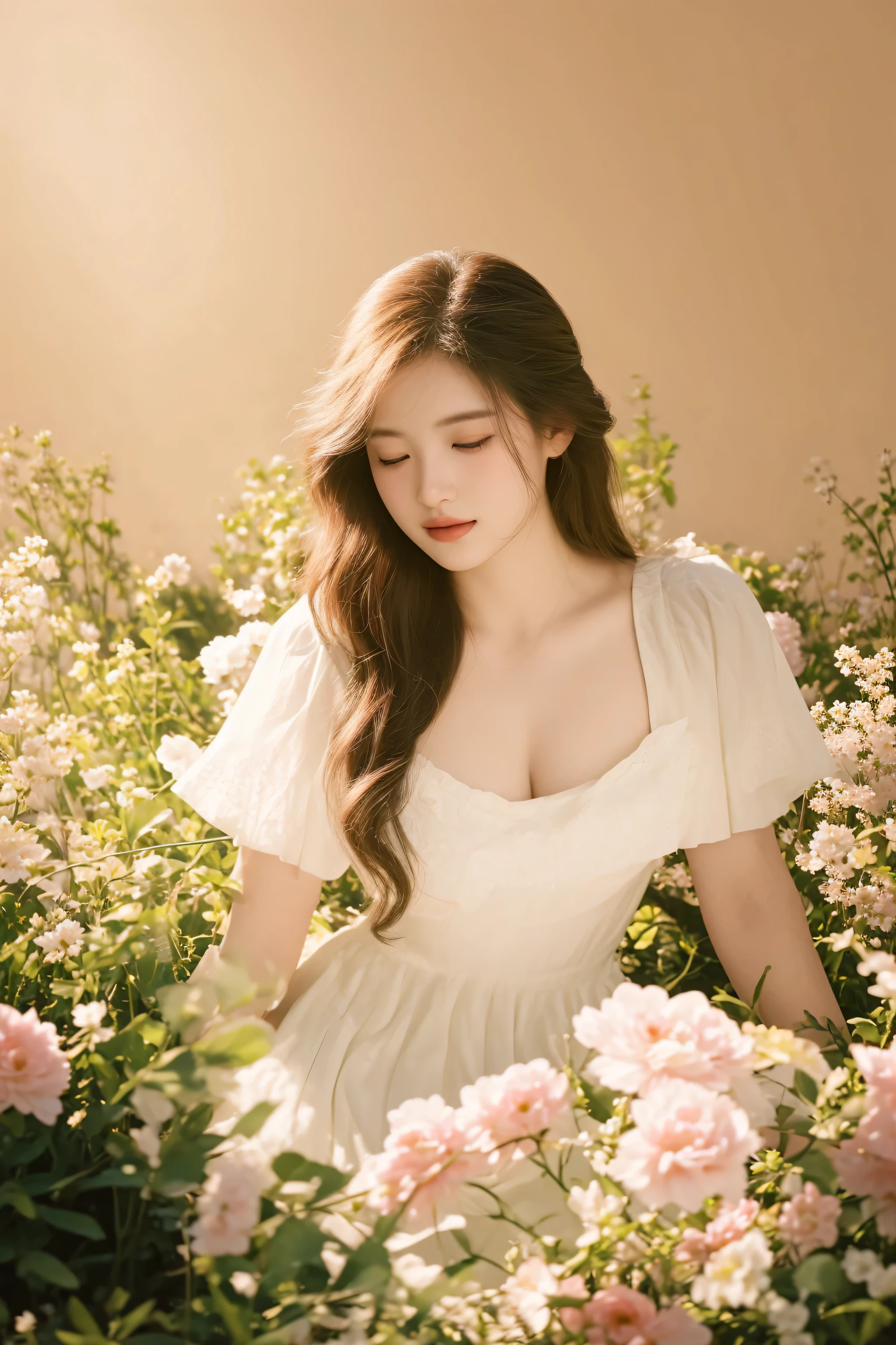 there is a woman in a white dress sitting in a field of flowers, bae suzy, inspired by Pierre Auguste Cot, with flowers, woman in flowers, beautiful maiden, dreamy and ethereal, persephone in spring, ethereal beauty, a goddess in a field of flowers, ethereal and dreamy, soft portrait shot 8 k, a beautiful woman in white, hot with shining sun