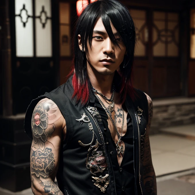 Japanese gothic rocker man, male, Asian eyes, muscular, broad shoulders, yakuza tattoos, hairstyle Visual Kei style, hair Visual Kei, black men's shirt and black pants, ultra detailed face, hyperrealistic, realistic representation,  30 years old, age 30 years,, blonde hair