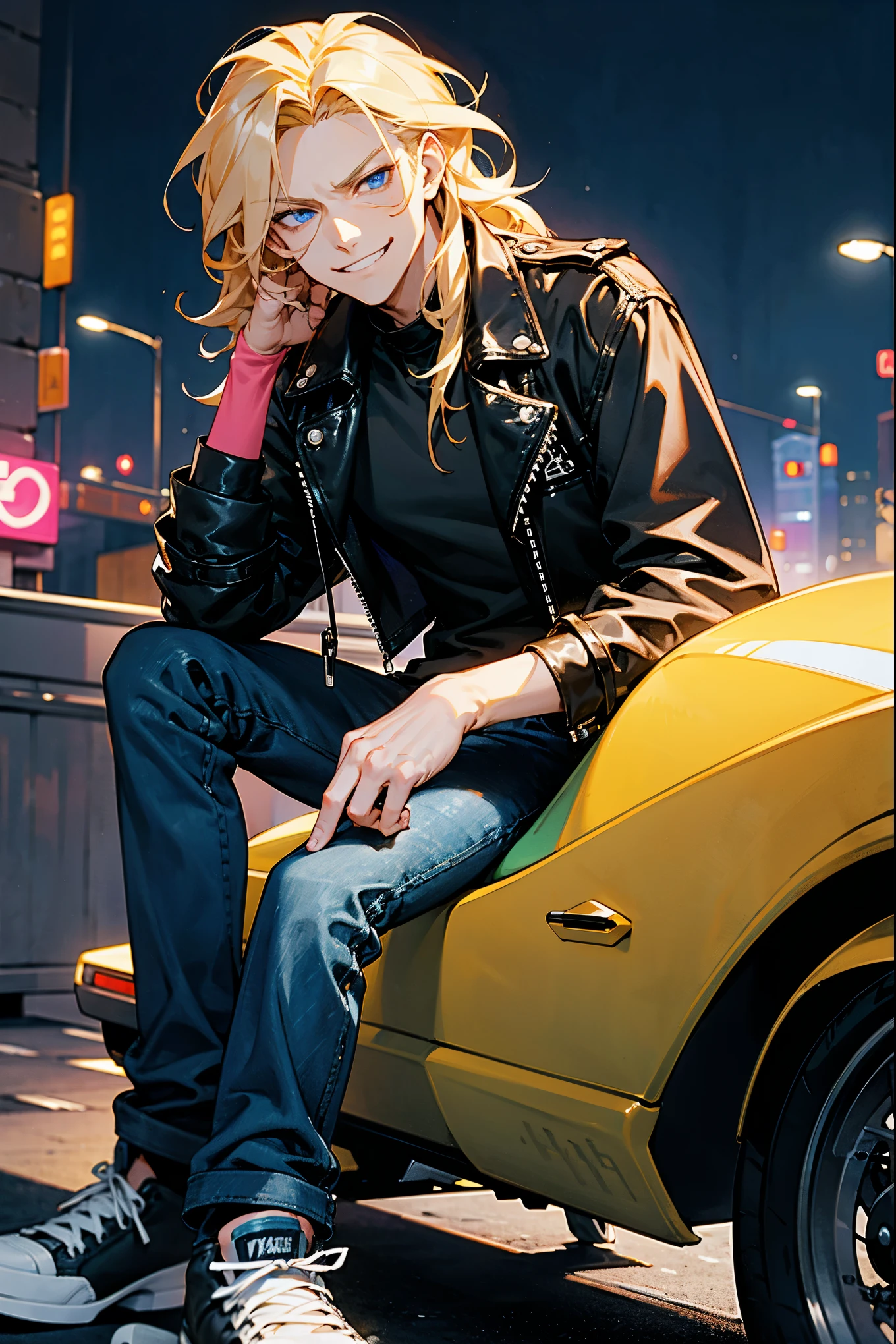 1male, wavy blonde hair, blue eyes, wearing a black leather jacket, grey t-shirt, baggy jeans, white sneakers, leaning against a motorcycle, nighttime city background with neon lights, smirking.