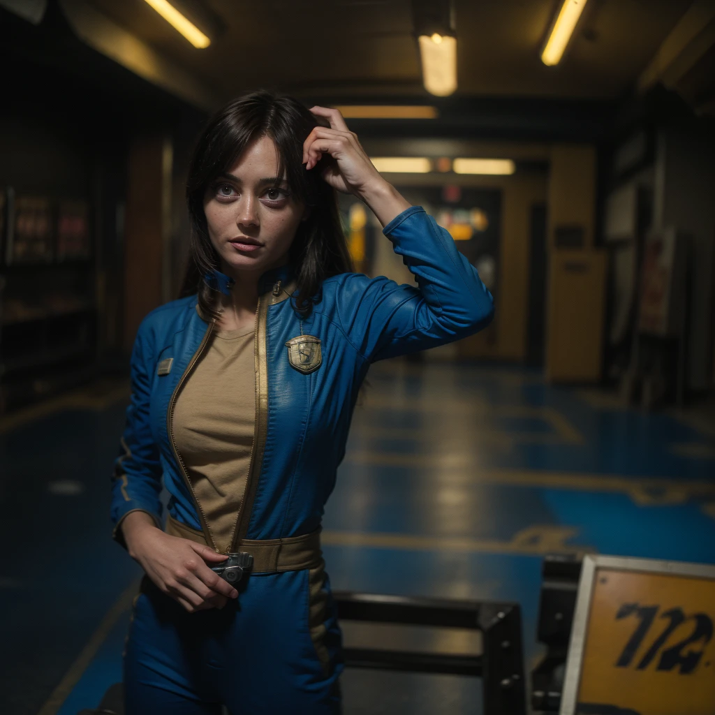 (One person). Fallout TV series. Inside a dimly lit large room in a post-apocalyptic (casino) in Las Vegas. Vaultsuit Lucy, an 18-year-old vault dweller wearing a blue and gold vaultsuit, her black hair disheveled, clutching a large gun in a dimly lit, post-apocalyptic casino. Cinematic. realistic colors, realistic, photorealistic