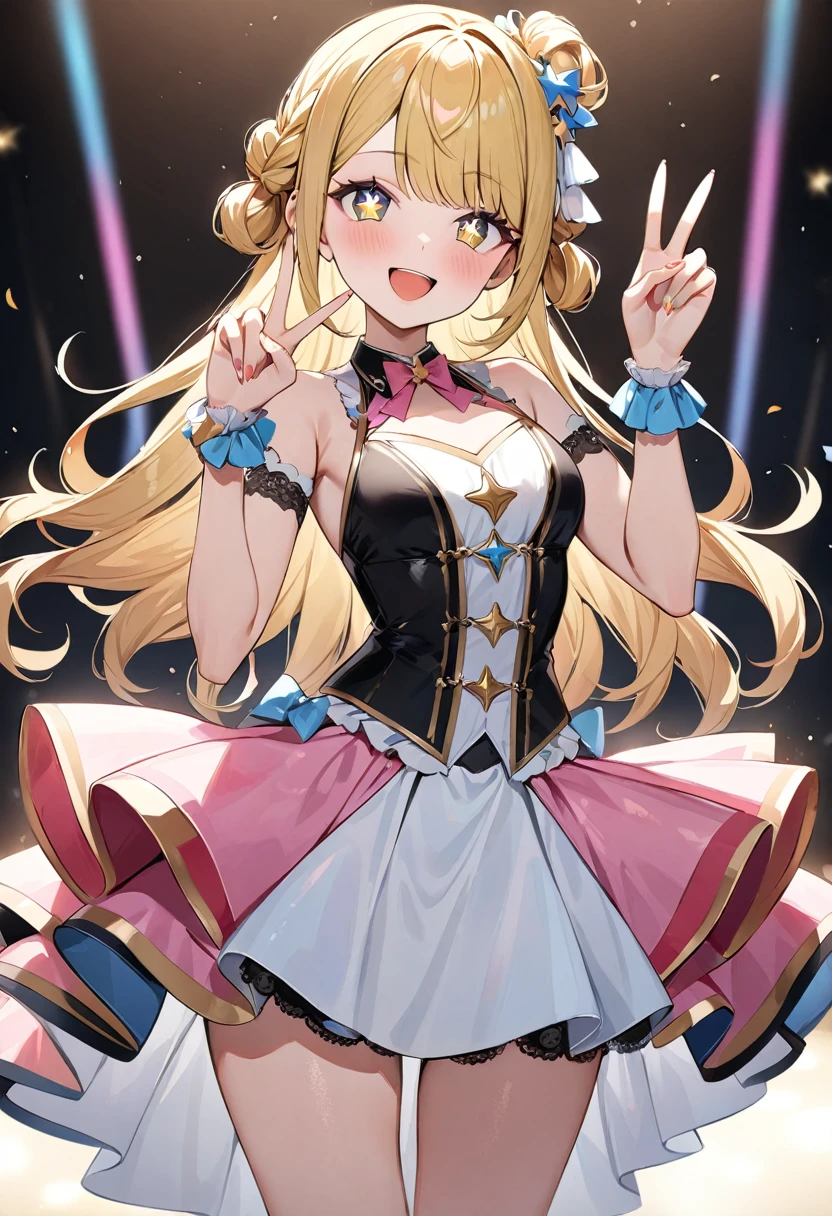 (masterpiece, top quality, very aesthetic, 4k、illustration), intricate detail, 1woman,contrapposto 、,(cowboy shot)、v sign,(star-shaped pupils),Cute 、Open mouth happy smile、Random Hairstyle、Random Hair Color、,middle hair,sidelock ,Random Color　eyes、idol clothes、small breasts、Slim 、