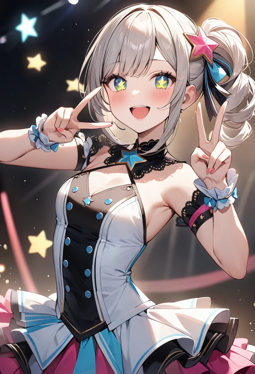 (masterpiece, top quality, very aesthetic, 4k、illustration), intricate detail, 1woman,contrapposto 、,(cowboy shot)、v sign,(star-shaped pupils),Cute 、Open mouth happy smile、Random Hairstyle、Random Hair Color、,middle hair,sidelock ,Random Color　eyes、idol clothes、small breasts、Slim 、