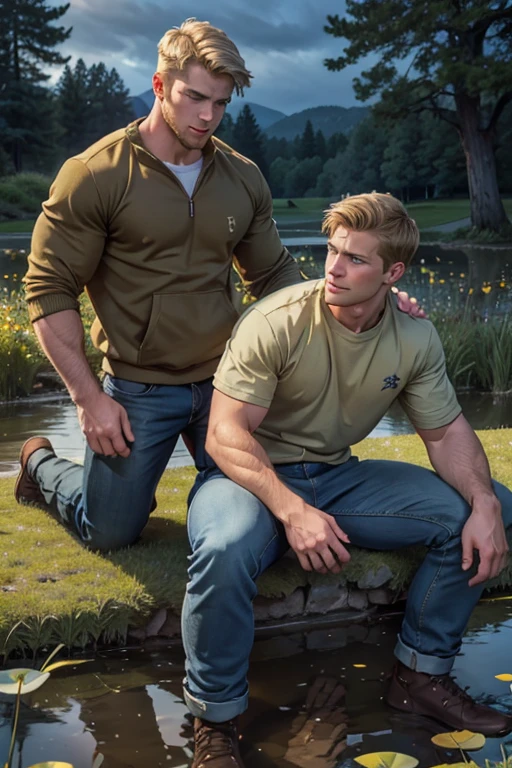 Two men, photo realistic.  A 16-year-old, handsome, lean man with short-cut, blond hair and blue eyes, wearing a brown sweatshirt, and khaki pants, sitting in the lap of a 17-year-old, handsome, athletic, Caucasian man with short, shaved brown hair, and blue eyes, wearing a blue and yellow jersey, and jeans, kissing, groping each other, laying on a grassy field, by a pond in a large city park, at night.  Masculine, erotic, sexy, romantic, love, huge bulge.