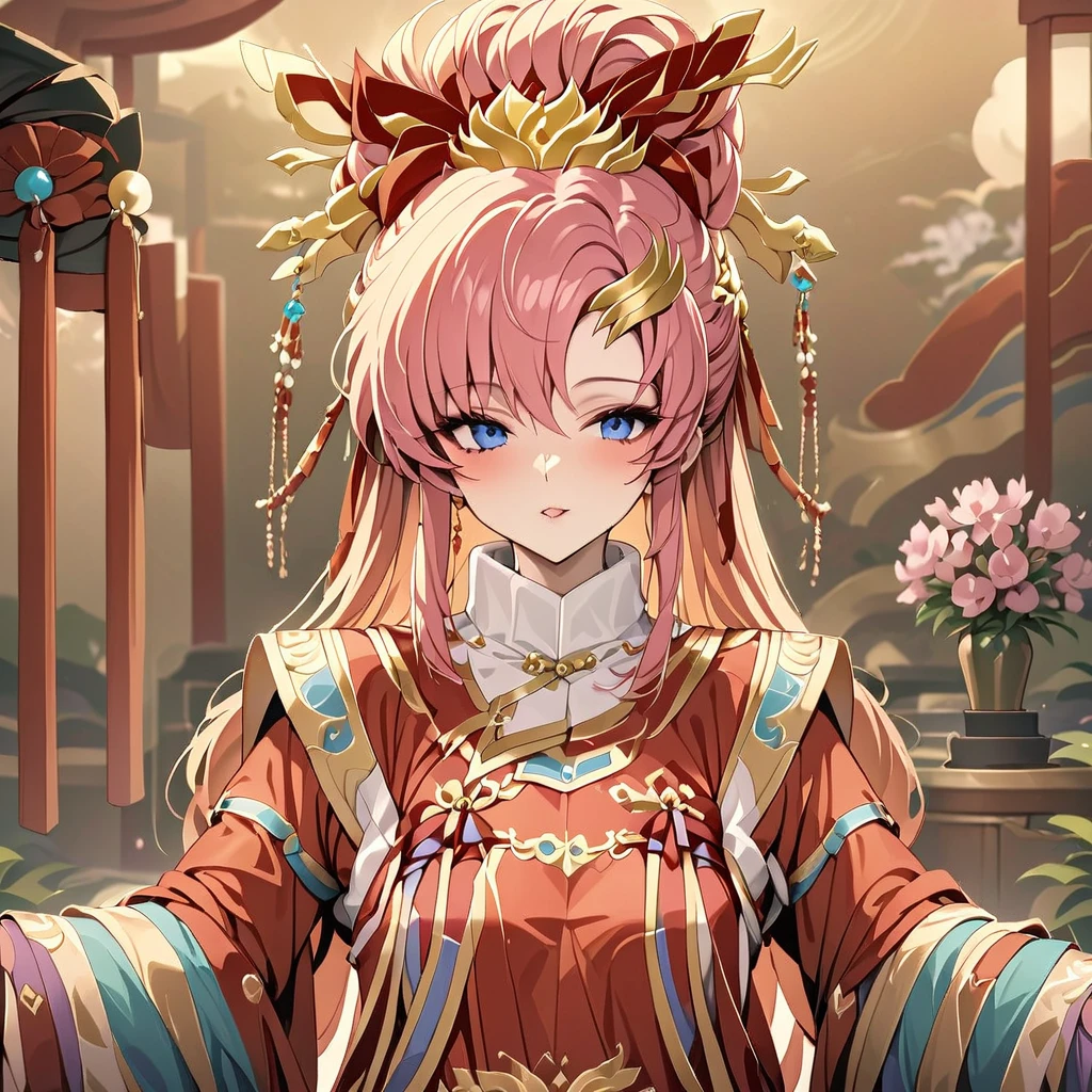 ((Highest quality)), ((masterpiece)), (detailed), （Perfect Face）、The woman with the appearance and hairstyle of an ancient Chinese empress is Lacus Clyne, with blue eyes, semi-long pink hair, wearing a gorgeous red ancient Chinese empress outfit with gold embroidery and trim, a gorgeous empress headdress, and her hair is styled like an ancient Chinese empress.
