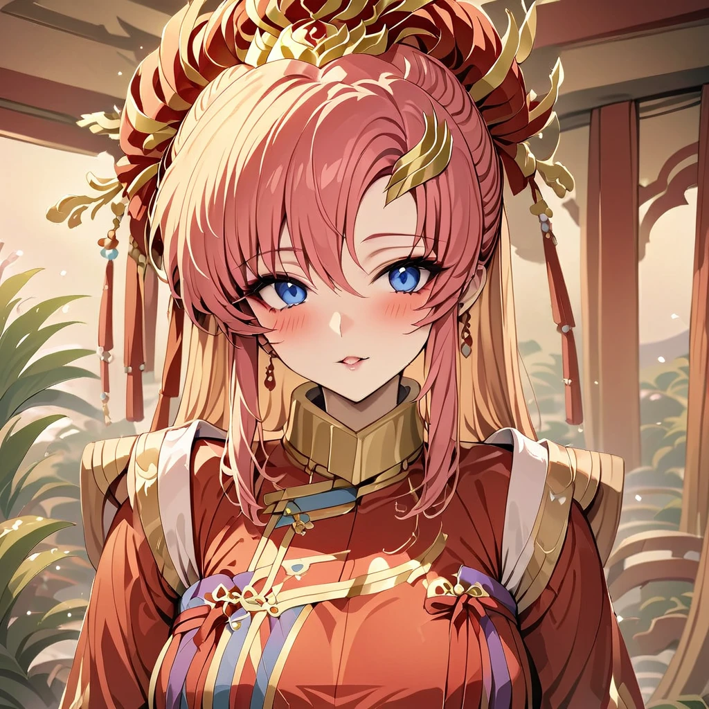 ((Highest quality)), ((masterpiece)), (detailed), （Perfect Face）、The woman with the appearance and hairstyle of an ancient Chinese empress is Lacus Clyne, with blue eyes, semi-long pink hair, wearing a gorgeous red ancient Chinese empress outfit with gold embroidery and trim, a gorgeous empress headdress, and her hair is styled like an ancient Chinese empress.