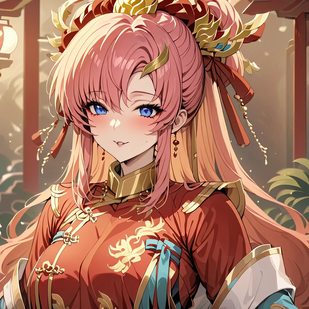 ((Highest quality)), ((masterpiece)), (detailed), (Perfect Face)、The woman with the appearance and hairstyle of an ancient Chinese empress is Lacus Clyne, with blue eyes, semi-long pink hair, wearing a gorgeous red ancient Chinese empress outfit with gold embroidery and trim, a gorgeous empress headdress, and her hair is styled like an ancient Chinese empress.