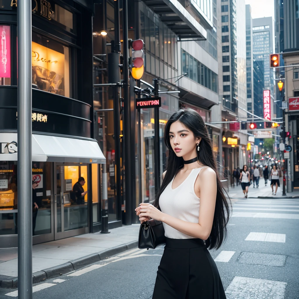 - woman
- black hair
- long hair
- straight hair
- fair skin
- smooth skin
- subtle makeup
- large eyes
- expressive eyes
- thick eyebrows
- well-defined eyebrows
- small nose
- straight nose
- full lips
- natural pink lips
- black sleeveless top
- black skirt
- black choker
- silver drop earrings
- white shoulder bag
- quilted pattern bag
- white jacket over arm
- urban environment
- busy city street
- tall buildings
- people walking
- bright atmosphere
- lively atmospher