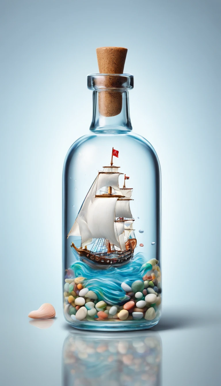 A glass bottle floating in the summer sea. Inside the glass bottle、There are beautiful pebbles in it.、The heart１Only one is included