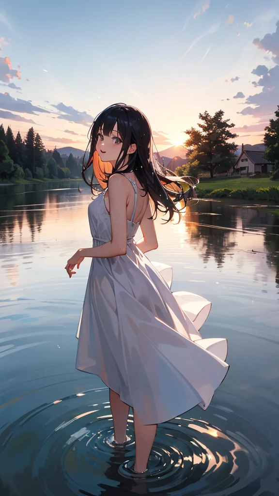 A girl wearing a white dress is bathing in the river, getting wet, having fun, no make-up, countryside scenery, sunset, turning around