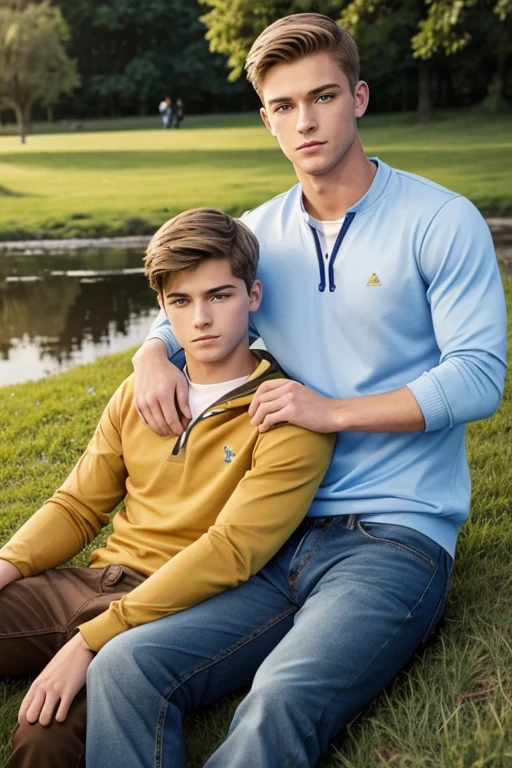 Two men, photo realistic. A 16-year-old, handsome, lean man with short-cut, blond hair and blue eyes, wearing a brown sweatshirt, and khaki pants, sitting in the lap of a 17-year-old, handsome, athletic, Caucasian man with short, shaved brown hair, and blue eyes, wearing a blue and yellow jersey, and jeans, kissing, groping each other, laying on a grassy field, by a pond in a large city park, at night. Masculine, erotic, sexy, romantic, love, huge bulge.