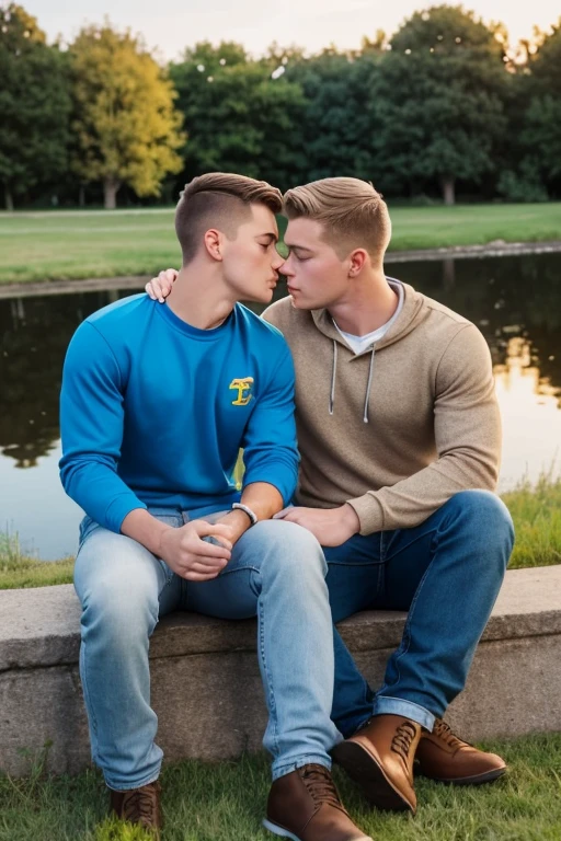 Two men, photo realistic.  A 16-year-old, handsome, lean man with short-cut, blond hair and blue eyes, wearing a brown sweatshirt, and khaki pants, sitting in the lap of a 17-year-old, handsome, athletic, Caucasian man with short, shaved brown hair, and blue eyes, wearing a blue and yellow jersey, and jeans, kissing, groping each other, laying on a grassy field, by a pond in a large city park, at night.  Masculine, erotic, sexy, romantic, love, huge bulge.