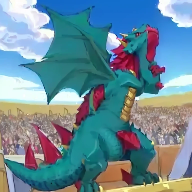 there is a dragon that is standing on a platform in front of a crowd, but as an anthropomorphic dragon, gelbooru anime image, as an anthropomorphic dragon, spike pit, slifer the sky dragon, pteranadon styling, dra the dragon, safebooru anime image, a baddass dragon, colossal dragon in background