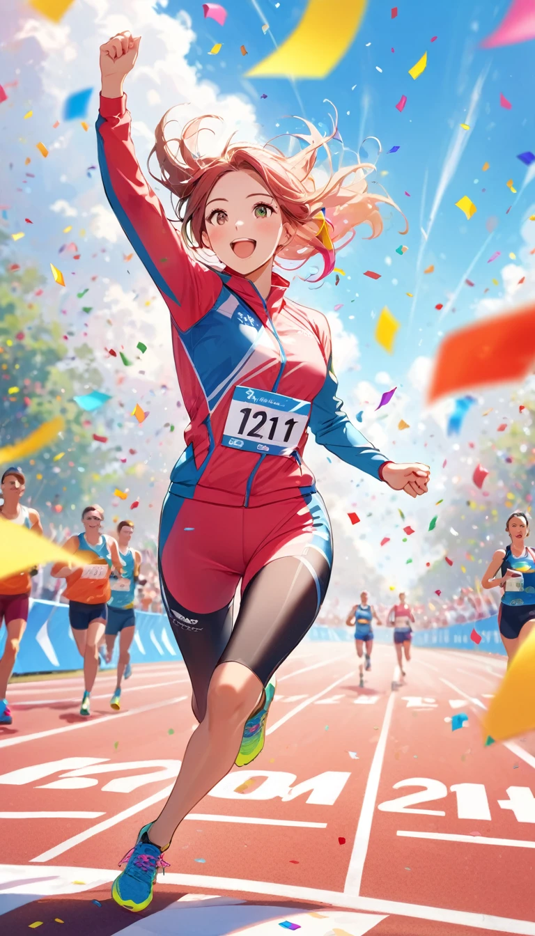 Wonderful moments,beautiful girl,Sports suit,Marathon sprint,victory,First Place,Colorful confetti in the air