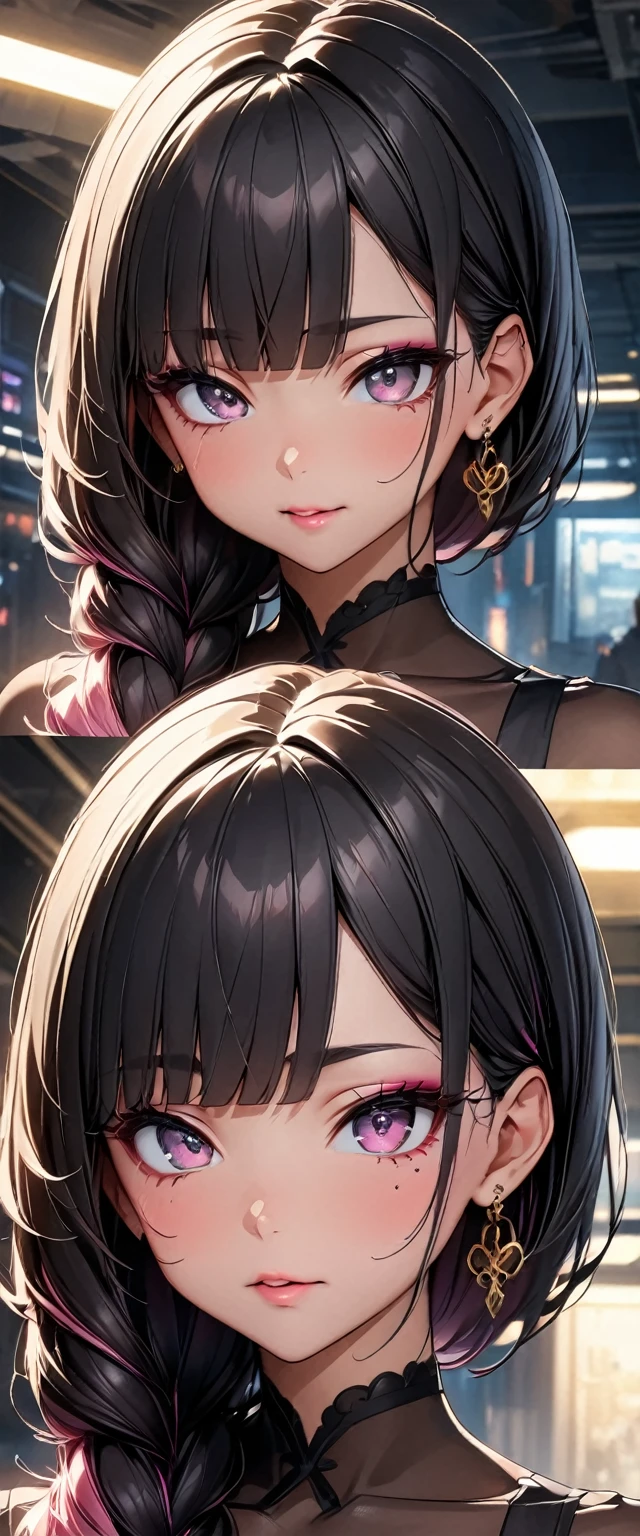 (Perfect Anatomy)、Mastepiece、Ultra High Quality、 8k、masterpiece、Highest quality、Ultra-high resolution、Maximum resolution、Very detailed、Professional Lighting、anime、woman、thin、Very beautiful face、Very beautiful eyes、(Highly detailed eye)、Highly detailed face, Golden earrings、Black Hair,、Pink eyes, Braiding、Straight bangs, contouring, makeup, eyeliner, eye shadow, pink cheek, pink lips, full body, standing, bodysuit,, wet skin, shiny skin, (((1girl))), 