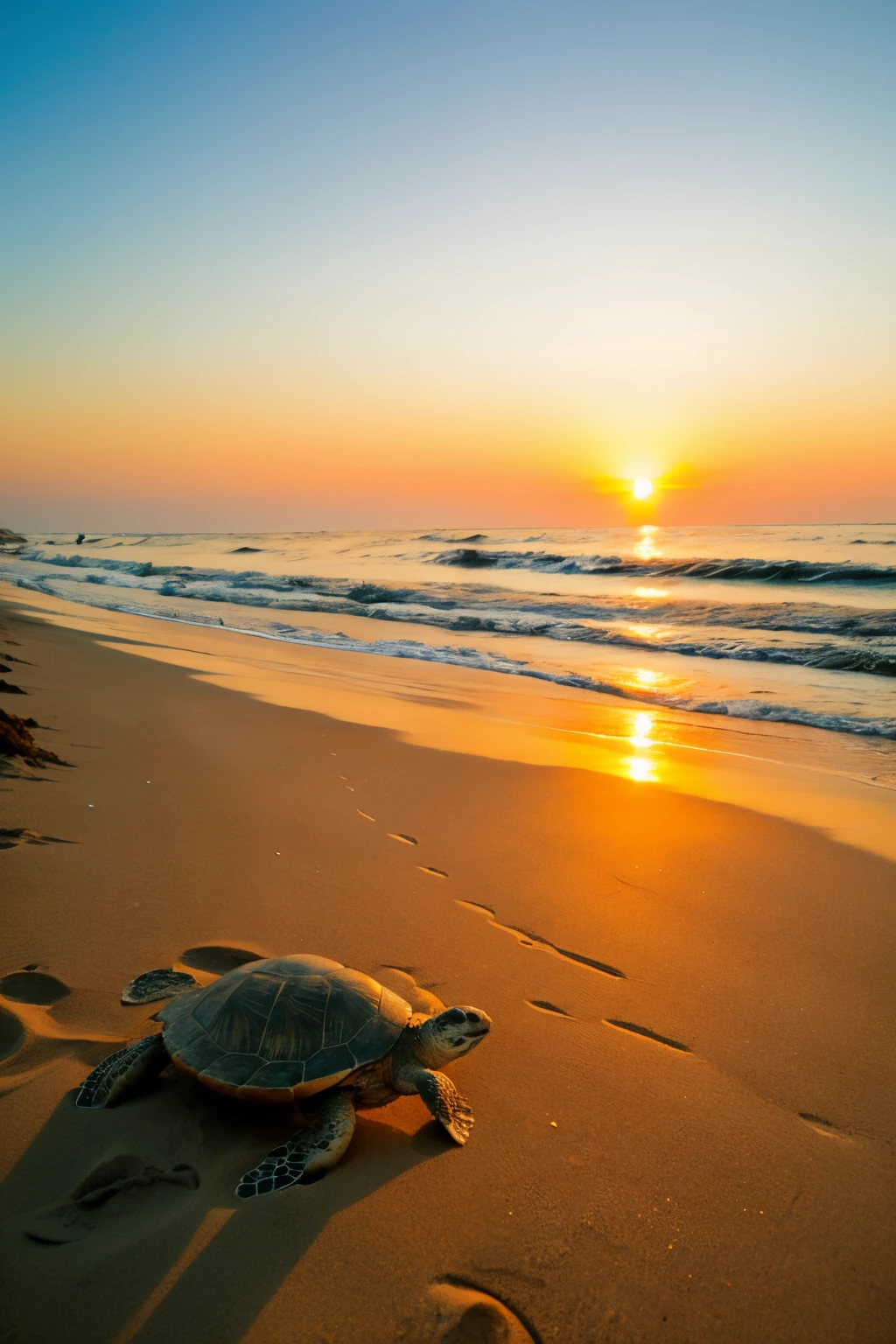 ((Best quality)), ((masterpiece)), (detailed), one turtle, crawling along the beach, in the rays of the sunset, (very detailed photo)