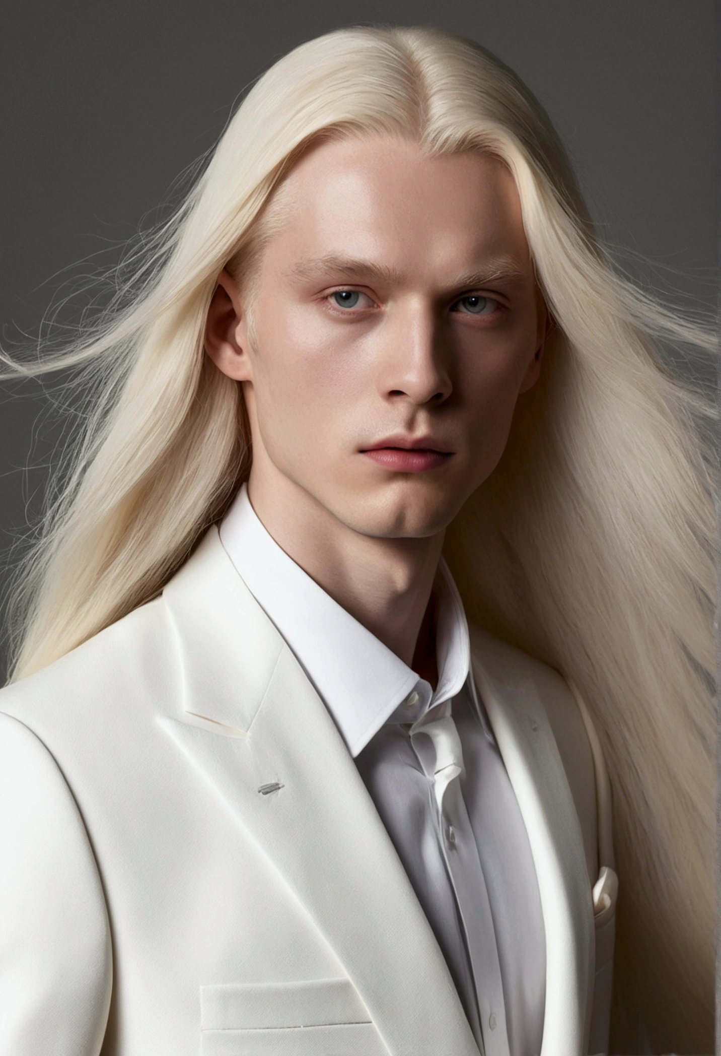 masterpiece, best quality, Solitary , (Perfect face:1.1), (High Detail:1.1), dramatic, (1 person), Pale skin, (纯白色的Long hair:1.4), White eyes, Otto Seppalainen, Solitary, Long hair, White luxury suit, Cover the navel, Snob, Albinism, Pursed lips, Devil magician, Volumetric Lighting, Delicate eyes, light, Ultra Detailed, Complex details, Pixel Perfect, Rose, Fashion, Sexy pose, Side BalenciagaStyle