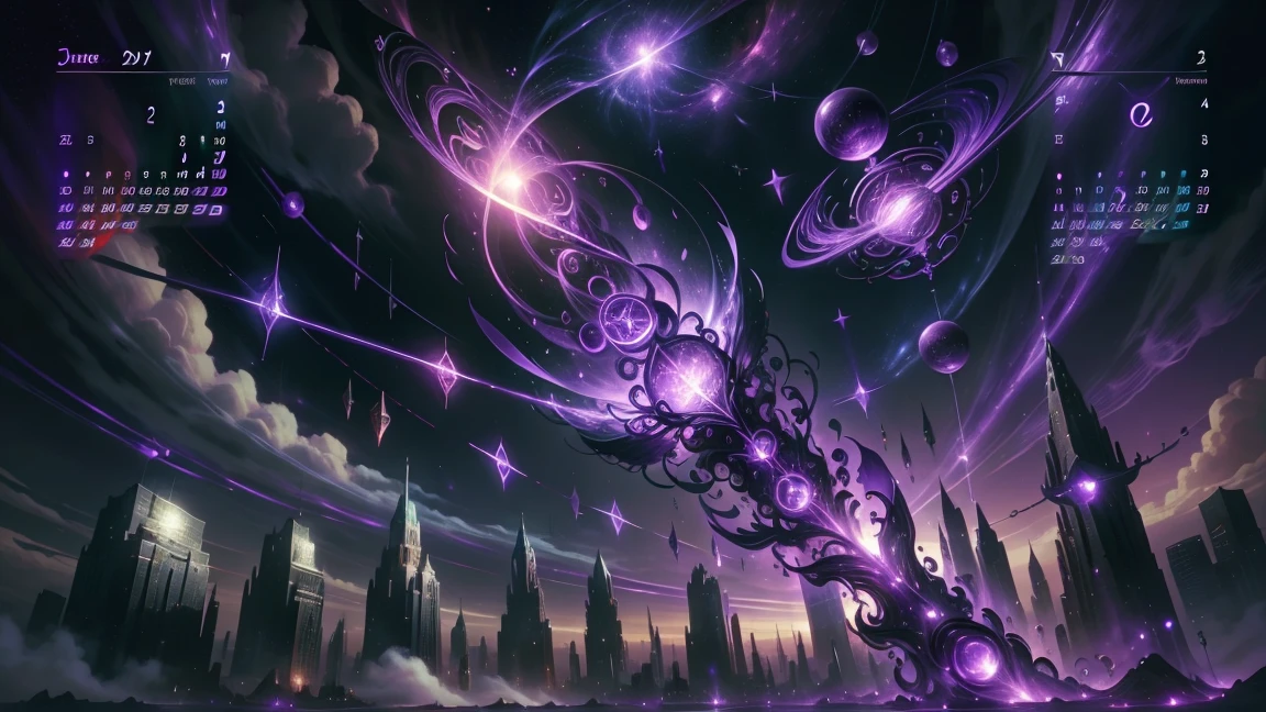 Days of the week, calendar, in a universe, (((Week))), purple color, psionicmagic, mana flow, shimmers, psychic energy, GlowingRunes_purple, (((Calendar flying across the universe))), count of days, representation of days