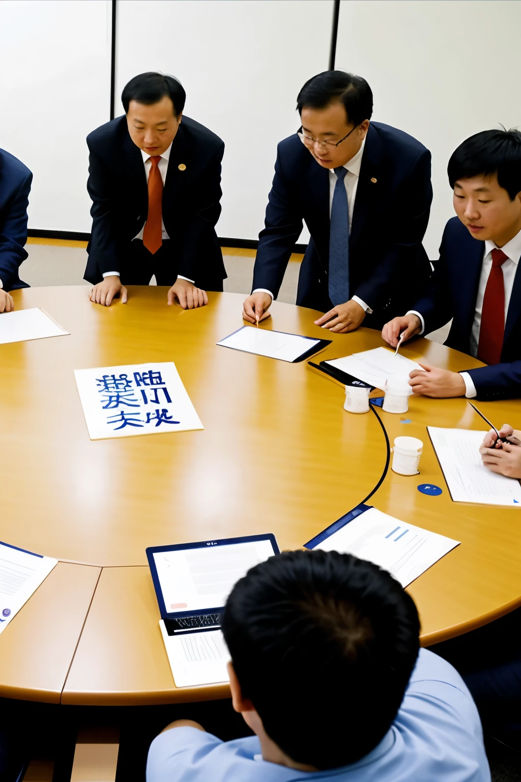 A picture showing teamwork to solve problems。For example，Several Chinese people sitting around a conference table discussing issues，Or list problems and solutions on a whiteboard。The picture can have a person holding a marker，Point out a key point，Symbolizes initiative and action in problem solving。