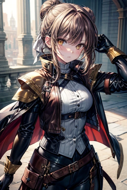 (masterpiece, best quality, perfect face, expressive eyes), 1girl, (anime). brown hair, yellow eyes, noble attire, leather vest, leather gloves, hairbun, fencing cape, intricate details, 