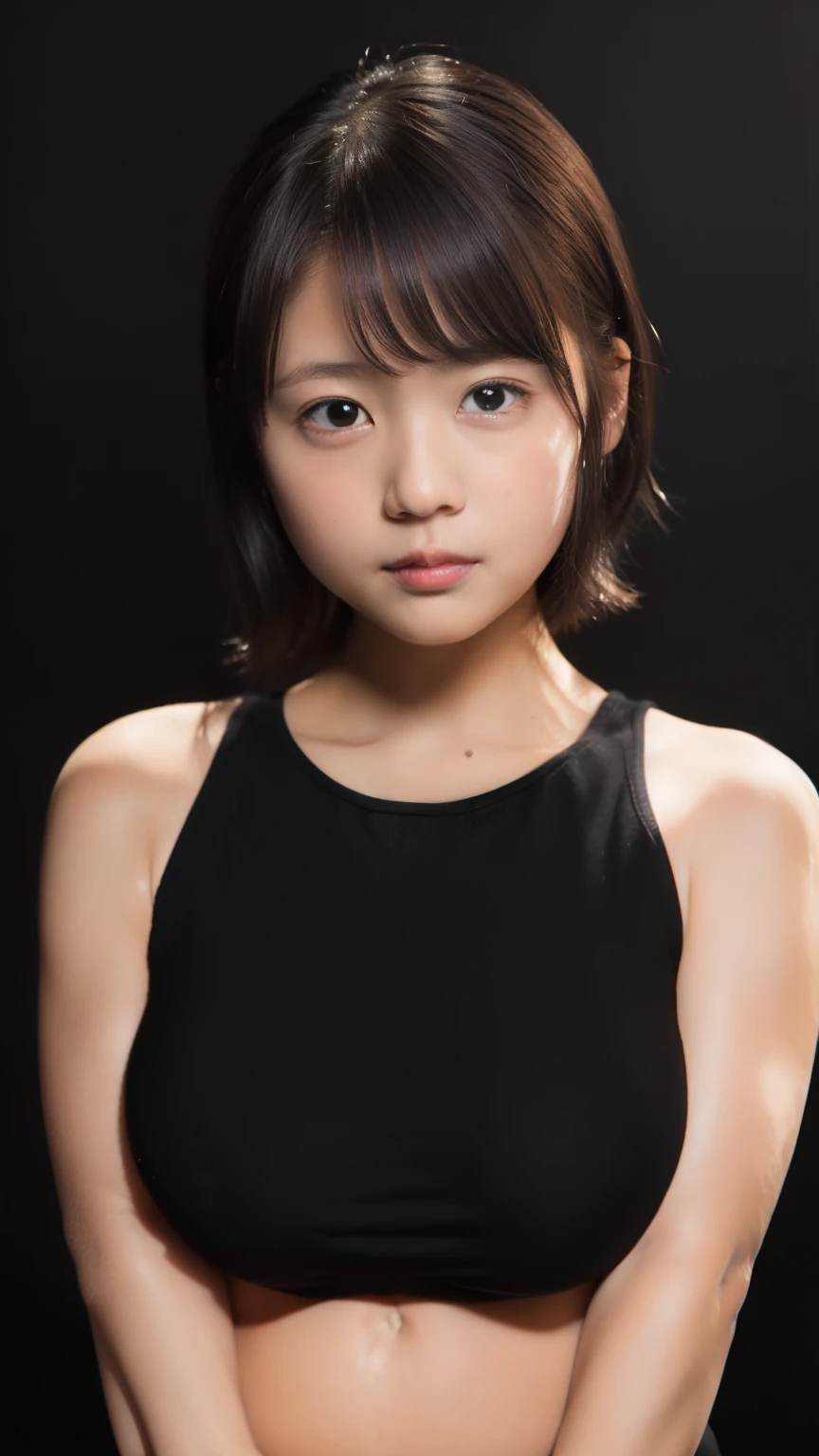 (A photo of your face:1.25), 6 years old, (cute:1.5), (Baby Face:1.5), (Round face:1.8), One Japanese woman, beautiful girl, Pretty face, (Straight Short Hair)、(Big Breasts:1.5), (View your audience), (Standing facing the camera), (smile), (Tank top)、(Black background:1.8)、Mouth closed