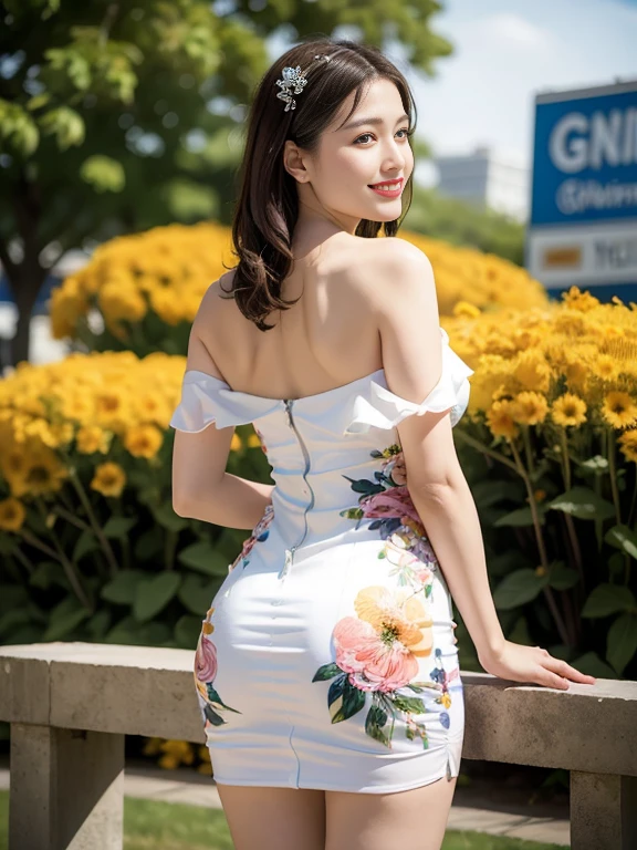 ((Exposing shoulders)), ((Ample breasts)), ((The skirt is short)), ((Sexy Legs)), ((whole body)),practical, Stylish girl,1girl,sexy pose,best quality,masterpiece,illustration,an extremely delicate and beautiful,CG,unity,8k wallpaper,Amazing,finely detail,masterpiece,official art,extremely detailed CG unity 8k wallpaper,incredibly absurdres,huge filesize,ultra-detailed,highres,extremely detailed,beautiful detailed girl,realistic,outdoors,light contrast,(florals_buzzer_dress:1.5),、Red lipstick、big breasts、White panties are visible from the skirt、Looking from below、smile、Watching from behind、
U V