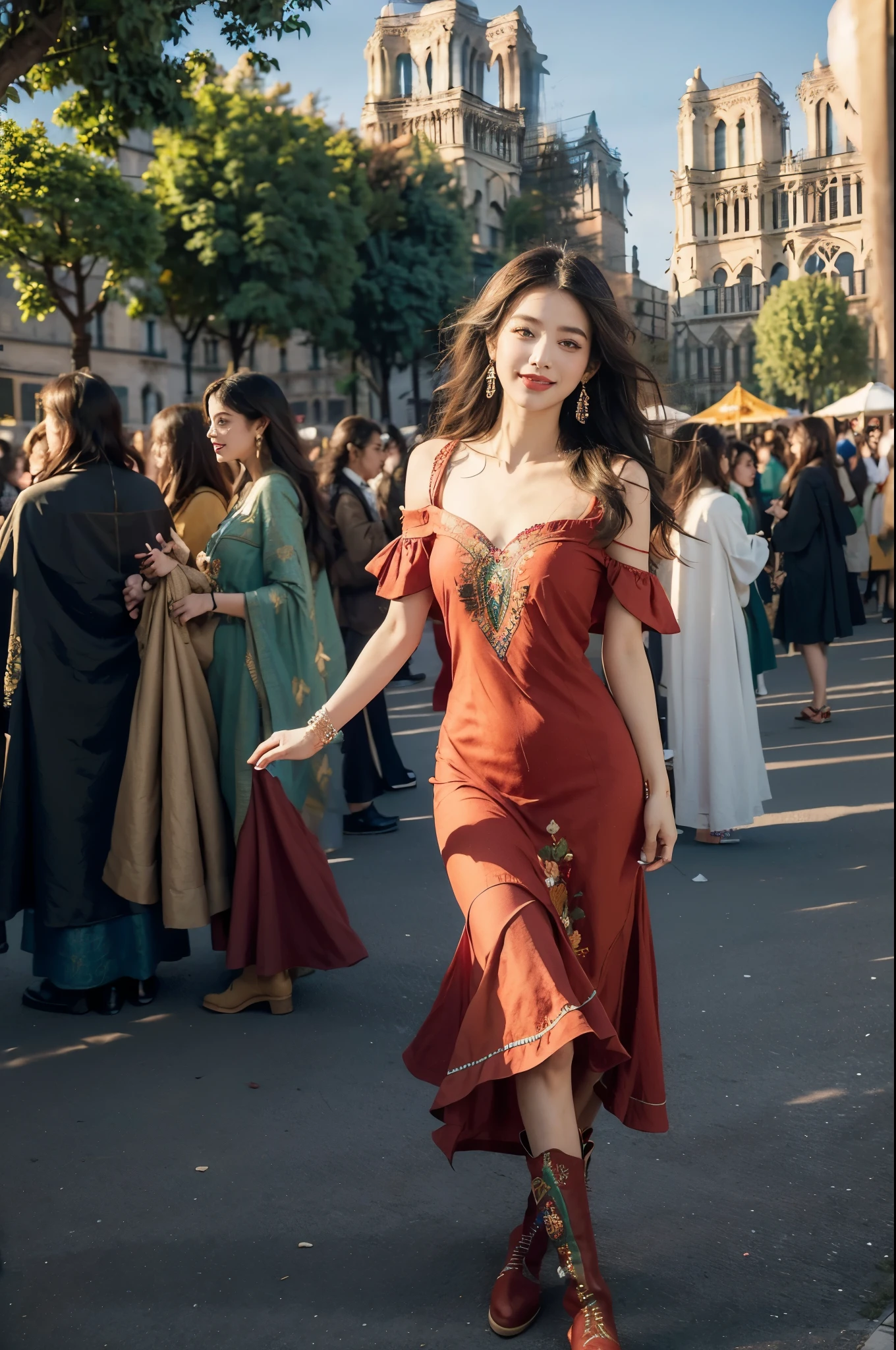 (((best quality))),(((ultra detailed))),(((masterpiece))),illustration,((1 beautiful girl,female Gypsy dancer,solo)),(shoulder length wavy bob hair:1.2),(laughing:1.3),((slim,thin)),((small breasts,flat chest)),(detailed eyes:1.3),(Bohemian style embroidered red dress:1.5),(short sleeves:1.2),((earrings)),mystery,charm,(standing:1.3),(arms behind back:1.3),(slender legs:1.2),(boots:1.3),(On the square outside Notre Dame Cathedral in Paris:1.5),(ancient Paris:1.2),traditional attire,vendors,fruits,handcrafted objects,pastries,bakeries,spire,Gothic architecture,sunlight,ethereal glow,busy cityscape,out of place,free spirit,creativity,lost in thoughts,dreams,possibilities,bygone era,snapshot,essence,magic of summer,(day scene:1.3),(outdoor:1.3),(surrounded by crowded crowds:1.3),((from front,full body))