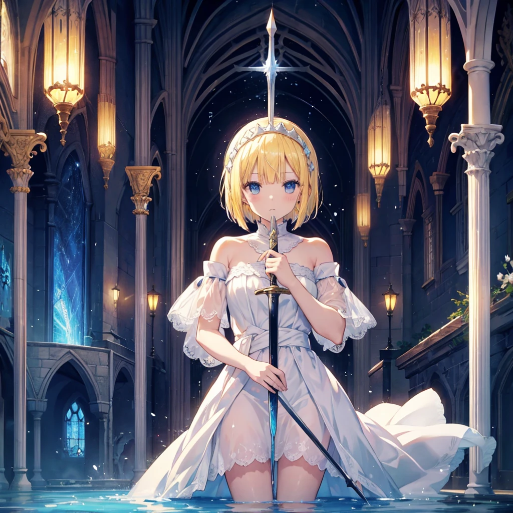((((Arthur　Pull the sword from the stone、Sword of Light、Excalibur))))　(((Yellow Hair、Short Bob　blue eyes　White Dress　Goddess of victory)))　((Bathed in light))　(Stained glass、Shine　Illuminated from above)　Shineエッジ　Shine背景