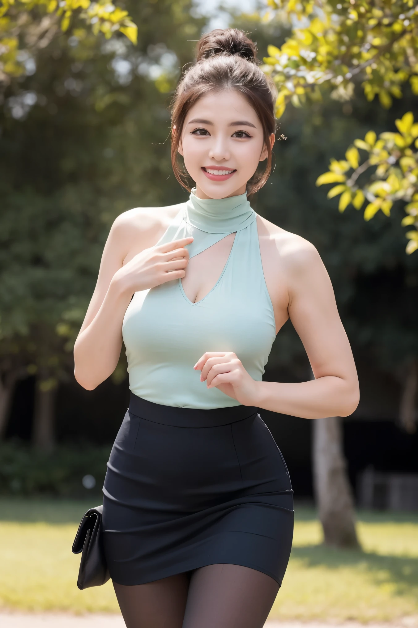 (((8k、High resolution、Highest quality、High resolution)))alone、Natural body shape、White skin、Natural Makeup、Halter neck dress、(Ultra-realistic pantyhose:1.3), Skirt and thighs、High heels、(Full Body Shot), Grin, Beautiful mature woman, pastel colour、Random Color、love affair、delight、Get excited、happiness、love、Love love、field、(Strong winds:1.3),