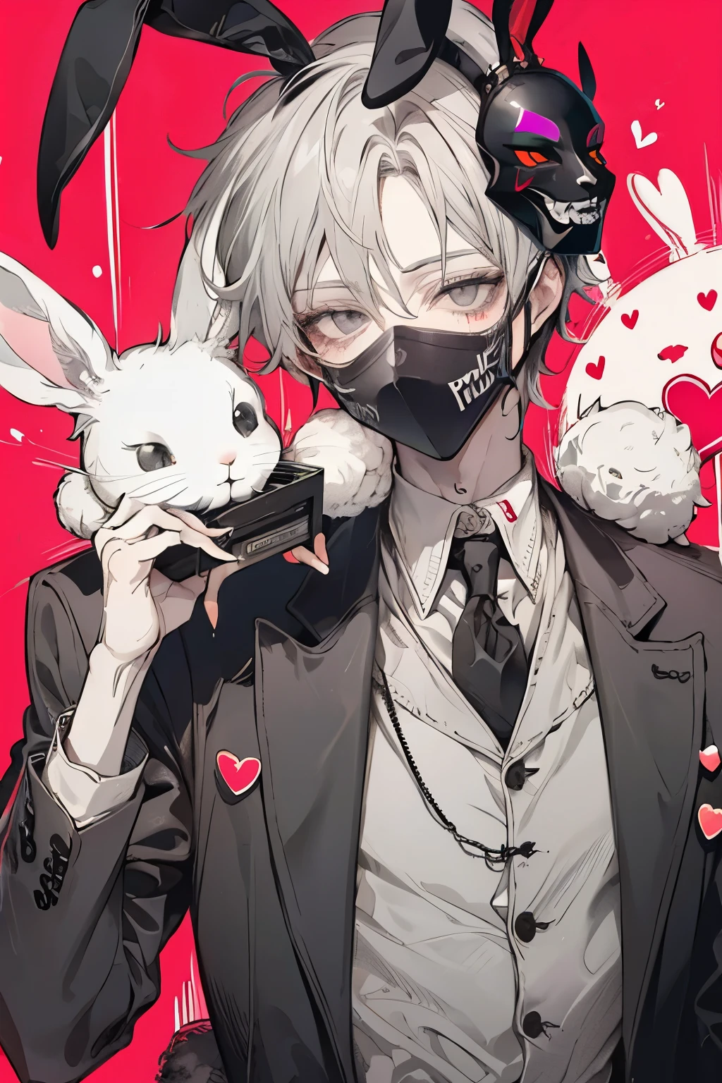 Beautiful young man, peridot-haired, ((Gray eyes)),(short wave hair:1.2), (black mask:1.2),((bunny cosplay:1.2)),clear wear,High quality, amount of drawing, pixiv illustration,(heart:1.2),close-up Face,red-cheek,(NSFW:1.0).