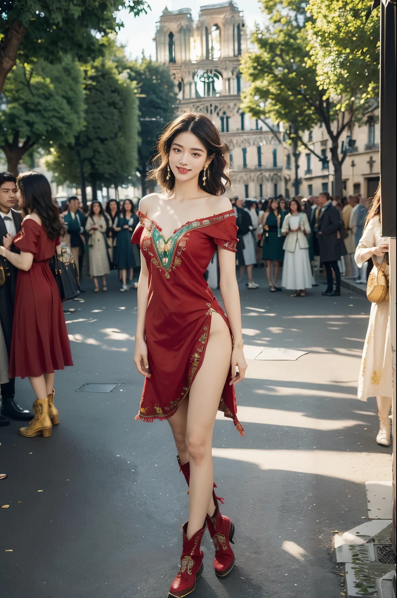 (巨作, Best quality, Realistic),
1girl big breasts,(on the St. Peter's Square of Vatican,crowd of), sankta. Peter's Square of Vatican background,gypsy dress,(Princess Eyes,shiny pupils),Dancing,banquet, crowd, picking up skirt,
[Slight smile],