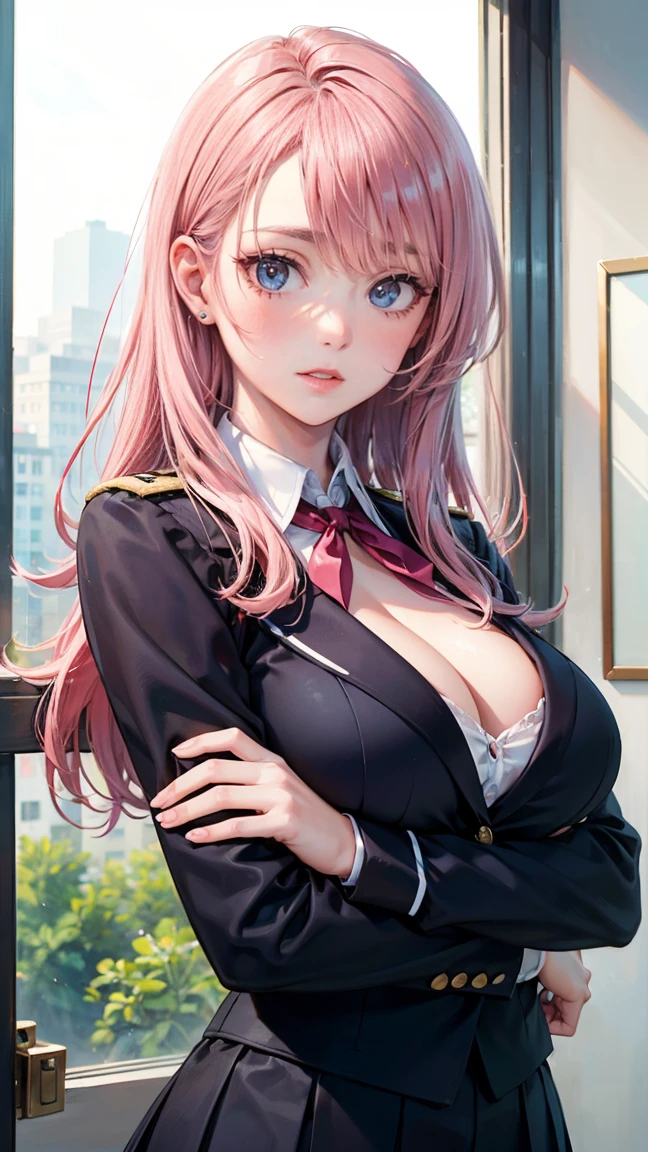 ((Highest quality, 8k, masterpiece :1.3)), (Sharp focus :1.2, Beautiful woman with perfect figure :1.4, Slim Abs), ((Big Breasts, Emphasize cleavage:1.2)), (Photorealistic:1.4), (realistic:1.4), (Pink Hair:1.5), Highly detailed face and skin texture, Fine grain, double eyelid. Makeup face, A little bit of lipstick, sex appeal, Sexy gravure pose, ((A high school girl in uniform、I'm on the school rooftop with my friends, feeling the wind。She stands cross-legged、The blue sky is the background。The white ribbon is an accessory.。:1.3))