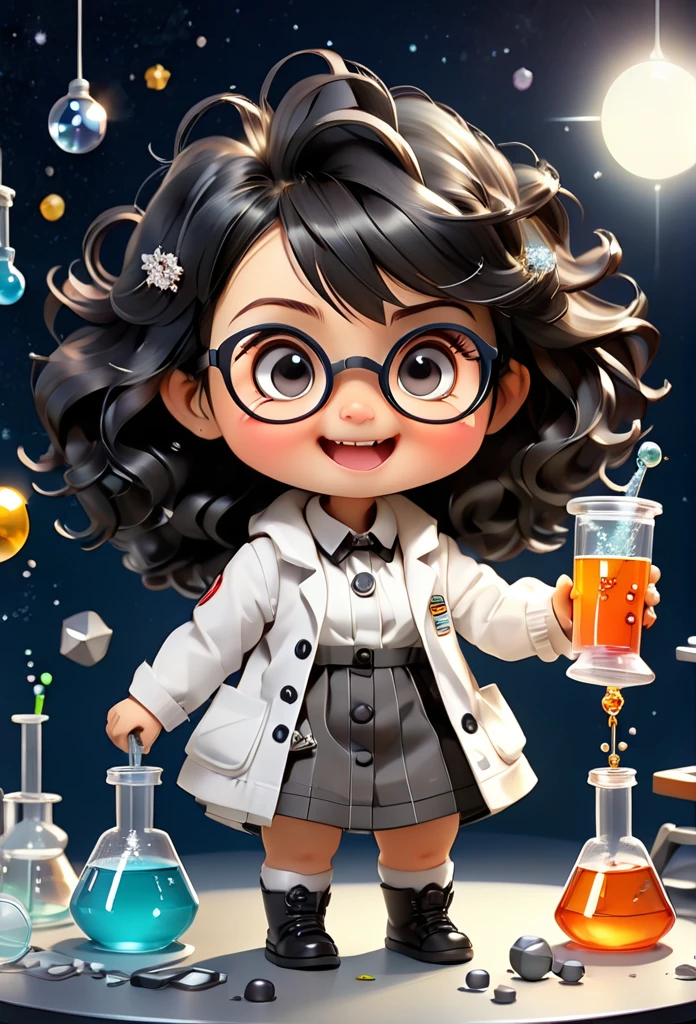 (((Chibi Baby UHD)))Chemistry permaneça com suas carateristícas originais (seus olhos sao cor de mel ) (chibi usa 1 brinco de bolinha de pérola )MASCOT and , atoms, Molecules ,Has black hair , Blind box style and model with popular market style, The sunlight shines, , hyper qualit, sharp features, Ultra HD and 8K resolution,Cool Hand Drawn Illustration，fly away (Inside out disgusting), Create a series of best quality cute chibi dolls,ultra details,realisitic,Science Laboratory,Chemical experiment,ultra HD, chemical equipment,scientists working,cups,UHD Bunsen Burner ,Microscope,laboratory glassware,measuring cylinders,labcoats,Round nerd glasses ,science books,Periodic table,scientific research,discoveries,new inventions,innovation,aprendizagem,education,Scientific culture wears coat with details of buttons and brooches , her coat is charming and cute with ultra chemical details ,Curiosidade,Technological advancements,swirly vibrant colors,soft lighting,modern laboratory,nerdy atmosphere,laboratory instruments,hypothesis testing,Scientific method,symbolic representation,Critical thinking,experiments ,precision,precision,Intricate details,impressive scientific setup,natural elements,exploration of the mysteries of science,unlocking the secrets of nature. Baby chibi is happy and excited, remember to use chemical laboratory glassware, The chalkboard behind the cute chibi baby is written the structure of caffeine in white chalk 18K UHDBlack hair, very long hair, American propaganda poster, shine light, 3D rendering, Riso, 