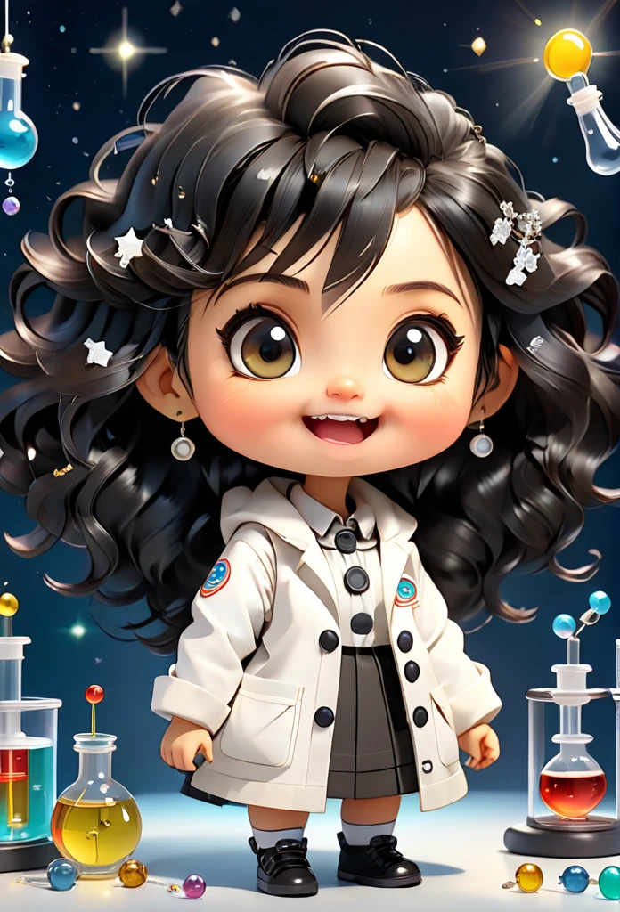 (((Chibi Baby UHD)))Chemistry permaneça com suas carateristícas originais (seus olhos sao cor de mel ) (chibi usa 1 brinco de bolinha de pérola )MASCOT and , atoms, Molecules ,Has black hair , Blind box style and model with popular market style, The sunlight shines, , hyper qualit, sharp features, Ultra HD and 8K resolution,Cool Hand Drawn Illustration，fly away (Inside out disgusting), Create a series of best quality cute chibi dolls,ultra details,realisitic,Science Laboratory,Chemical experiment,ultra HD, chemical equipment,scientists working,cups,UHD Bunsen Burner ,Microscope,laboratory glassware,measuring cylinders,labcoats,Round nerd glasses ,science books,Periodic table,scientific research,discoveries,new inventions,innovation,aprendizagem,education,Scientific culture wears coat with details of buttons and brooches , her coat is charming and cute with ultra chemical details ,Curiosidade,Technological advancements,swirly vibrant colors,soft lighting,modern laboratory,nerdy atmosphere,laboratory instruments,hypothesis testing,Scientific method,symbolic representation,Critical thinking,experiments ,precision,precision,Intricate details,impressive scientific setup,natural elements,exploration of the mysteries of science,unlocking the secrets of nature. Baby chibi is happy and excited, remember to use chemical laboratory glassware, The chalkboard behind the cute chibi baby is written the structure of caffeine in white chalk 18K UHDBlack hair, very long hair, American propaganda poster, shine light, 3D rendering, Riso, 