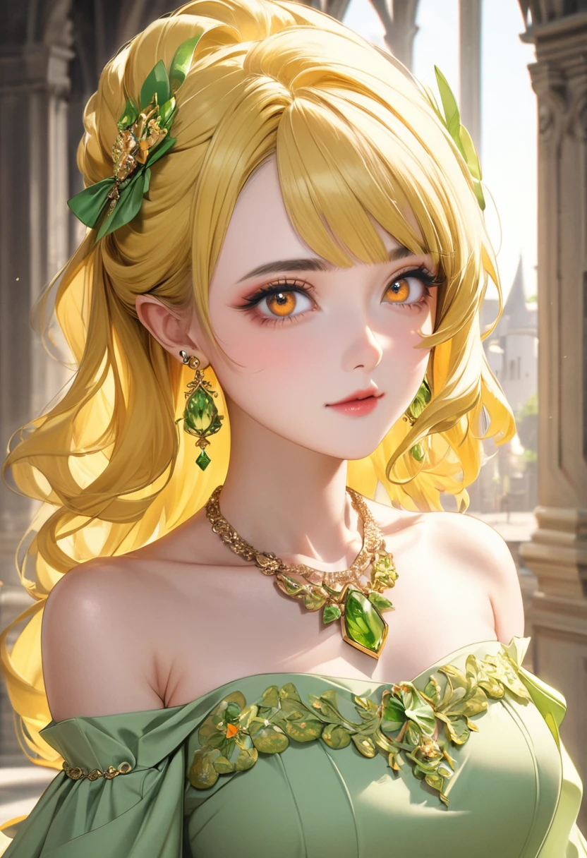 1 female　Yellow hair to the shoulders　Yellow thick eyebrows　Orange eyes　Socialite debut　Light green long dress　Inside the castle 　hair ornaments　Earrings and matching necklace