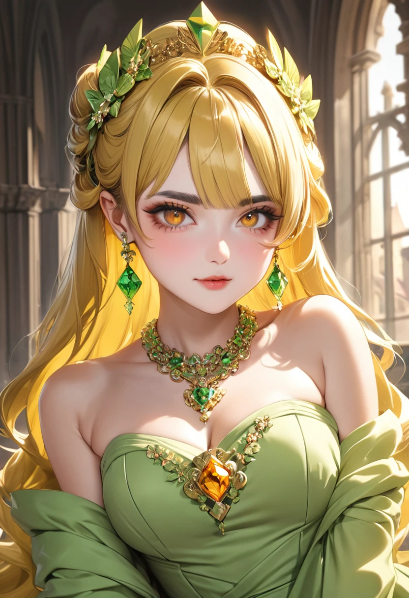 1 female　Yellow hair to the shoulders　Yellow thick eyebrows　Orange eyes　Socialite debut　Light green long dress　Inside the castle 　hair ornaments　Earrings and matching necklace