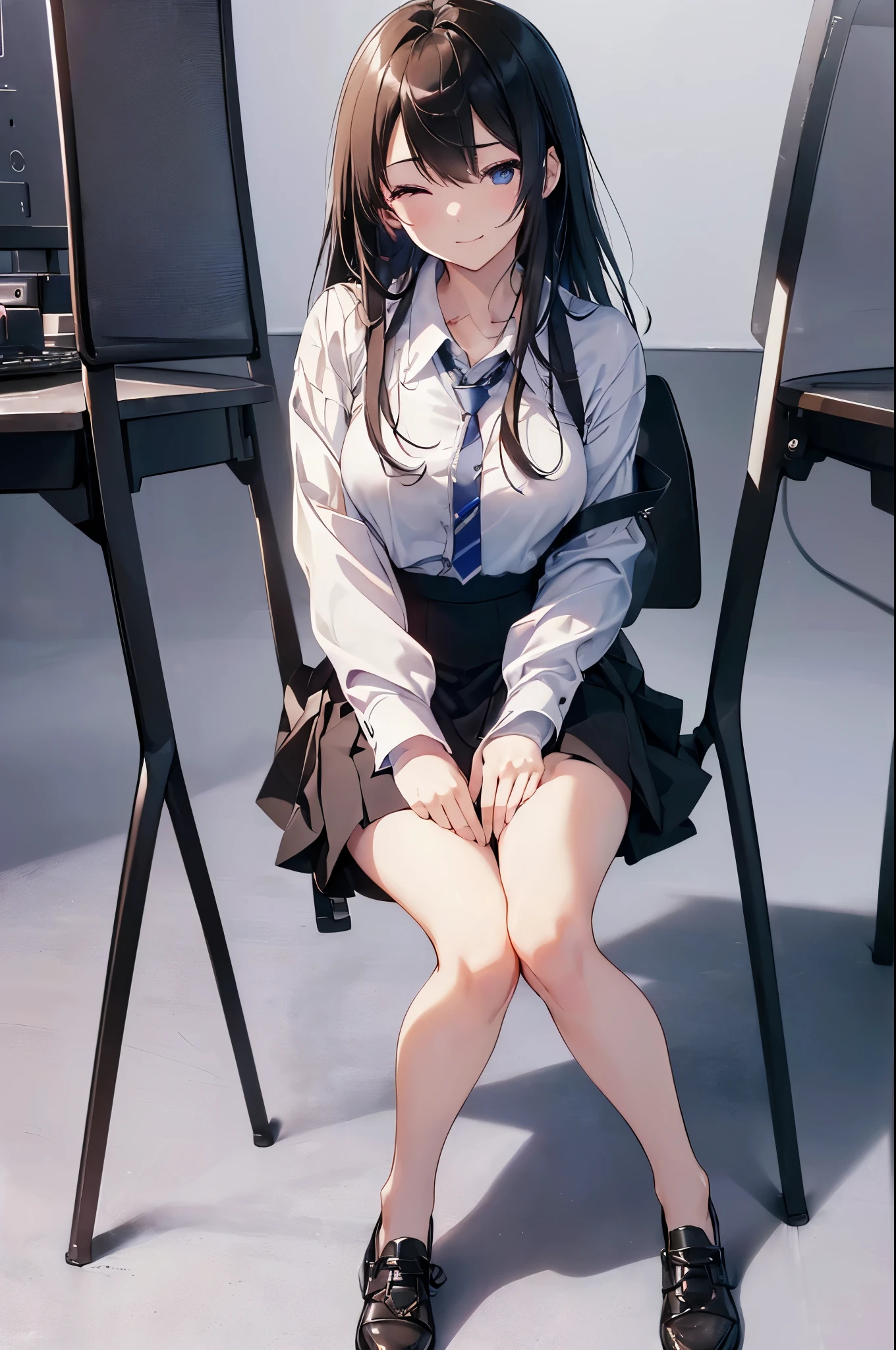 Anime girl sitting cross-legged in classroom (Official Art、Highest quality、unity 8k wallpaper、32K、masterpiece、Very detailedな、超High resolution、Realistic、Photorealistic:1.2)、(Cinema Lighting:1.2)、Fire glow effect、Film Grain、Best Shadow、Rim Light、Side light、(Very detailedで複雑な3Dレンダリング)、Background like Makoto Shinkai、Beautiful face and eyes in every detail、(Beautiful and sharp pupils, High resolution、Highest quality, 超High resolution, Maximum resolution, Very detailed, Professional Lighting, Beautiful Skin, 28-year-old female、very pretty、OL、Neck strap、Wear your employee ID around your neck、business card、cardigan、While working in the office、machine、(((Tight Skirt、Sit on a chair、machineの下で、Crossing your legs、Spread your legs a little and show me your panties:1.6)))、computer、Light Hair Color、neat bangs、bangs、dull bangs、suit、Jacket、setting、office lady、((Squint your eyes、Please close your eyes for a moment.、Squint your eyes、smileう、smile、Please lower your eyebrows、Contempt、Provocative attitude))、machineの下からのアングル、(((Ultra low angle)))、(((Accurate Anatomy、Accurate and precise limb counts、Finger counting is accurate and precise)))