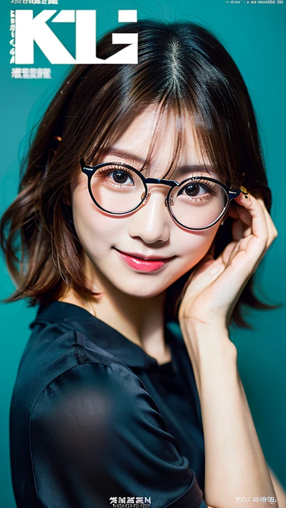 One girl, Round Glasses, Big glasses, smile, Looking into the camera, Short, unkempt hair, Dark skin, Round eyes, Cyan Blue Shirt, Black shorts, close, Magazine shots, Dynamic pose
