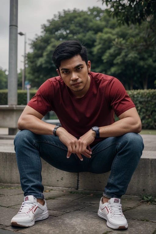 There is a Malay man(30 years old), thin body range(60 kilogram) with black hair, staring to the side, with gloomy air, masterpiece, best quality, realistic, 1 man, male focus, handsome, [thick eyebrows], portrait, extremely detailed face, black hair, (short hair), red t-shirt, long jeans, sneaker shoes, at outside, G-Shock watch at left hand, stand up