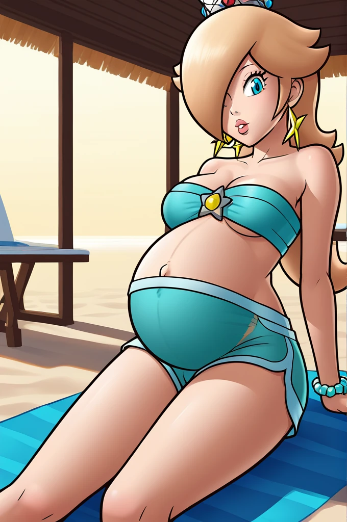 score_9, score_8_up, 1girl, solo, rosalina, style parody, thick outlines, blue bikini, shorts, pregnant belly, sleeveless, strapless, cleavage, indoors, beach, 