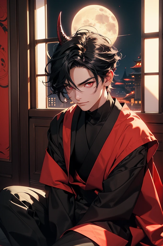 (extremely detailed CG unity 8k wallpaper,masterpiece),(best illumination, best shadow, an extremely delicate and beautiful),(1boy) dark hair,red and black sci-fi bodysuit,neck seal, dynamic pose, Young man sitting in front of a round Japanese-style window, Japanese temple, demon, oni, horns, kimono, long eyelashes, tousled white hair, red eyes, demon tail, detailed eyes, detailed hair, detailed face, night, moon, dancing shadow, sharp-toothed smile, moonlight, dark, scary.