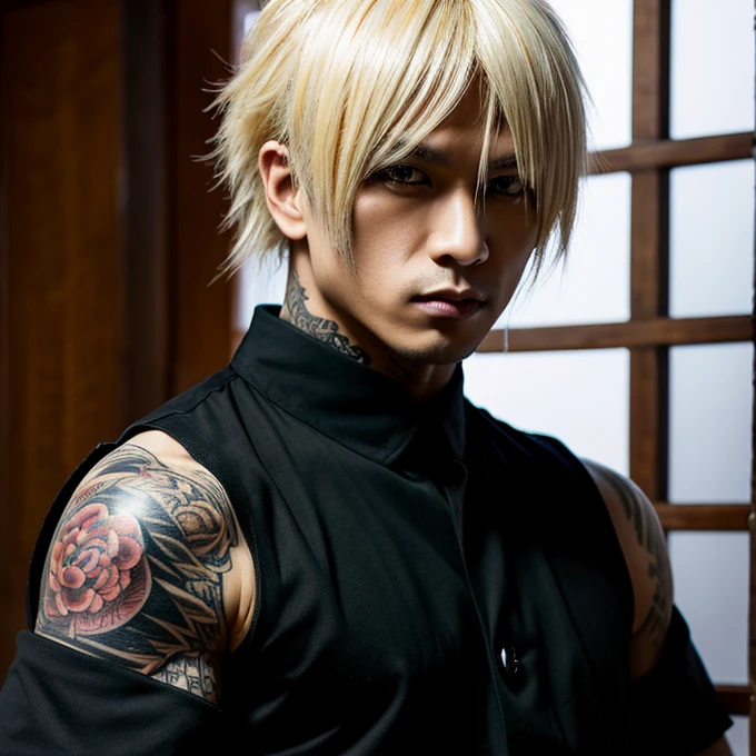 Japanese gothic rocker man, male, Asian eyes, muscular, broad shoulders, yakuza tattoos, hairstyle Visual Kei style, hair Visual Kei, black men's shirt and black pants, ultra detailed face, hyperrealistic, realistic representation,  30 years old, age 30 years,, blonde hair