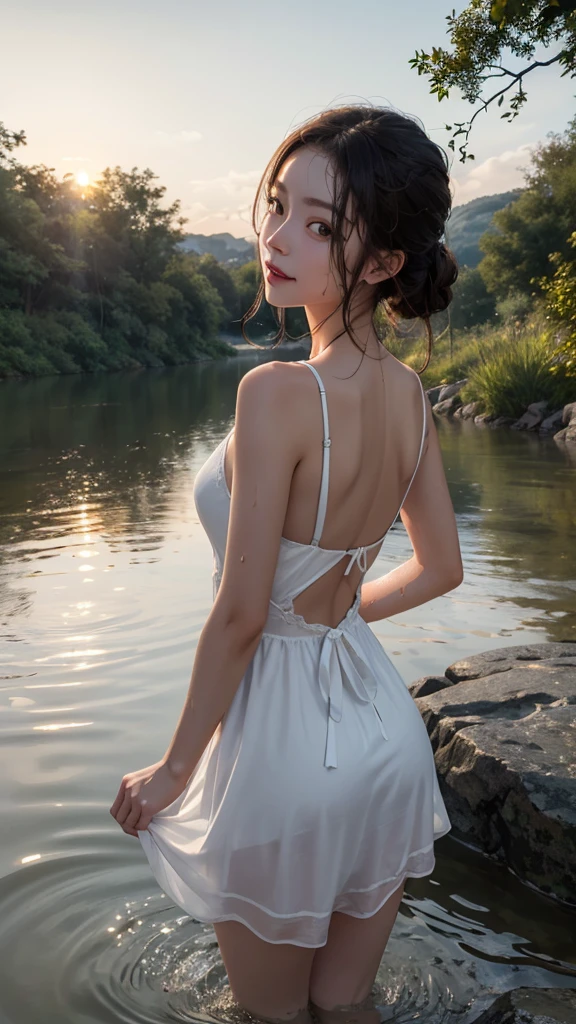 A girl wearing a white dress is bathing in the river, getting wet, having fun, no make-up, countryside scenery, sunset, turning around