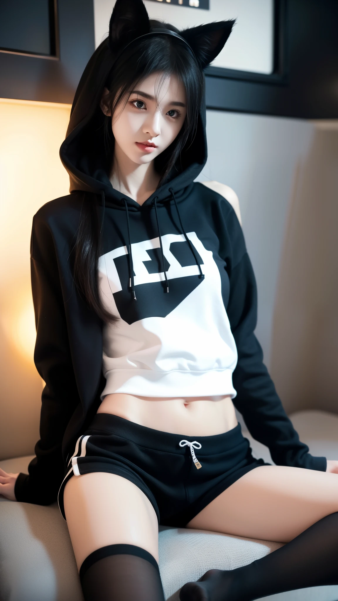 1 Girl，camera looking down upon，Huge ，Black Hoodie，不穿shorts，No pants，shorts，thigh，Black Hair，Cat ears,