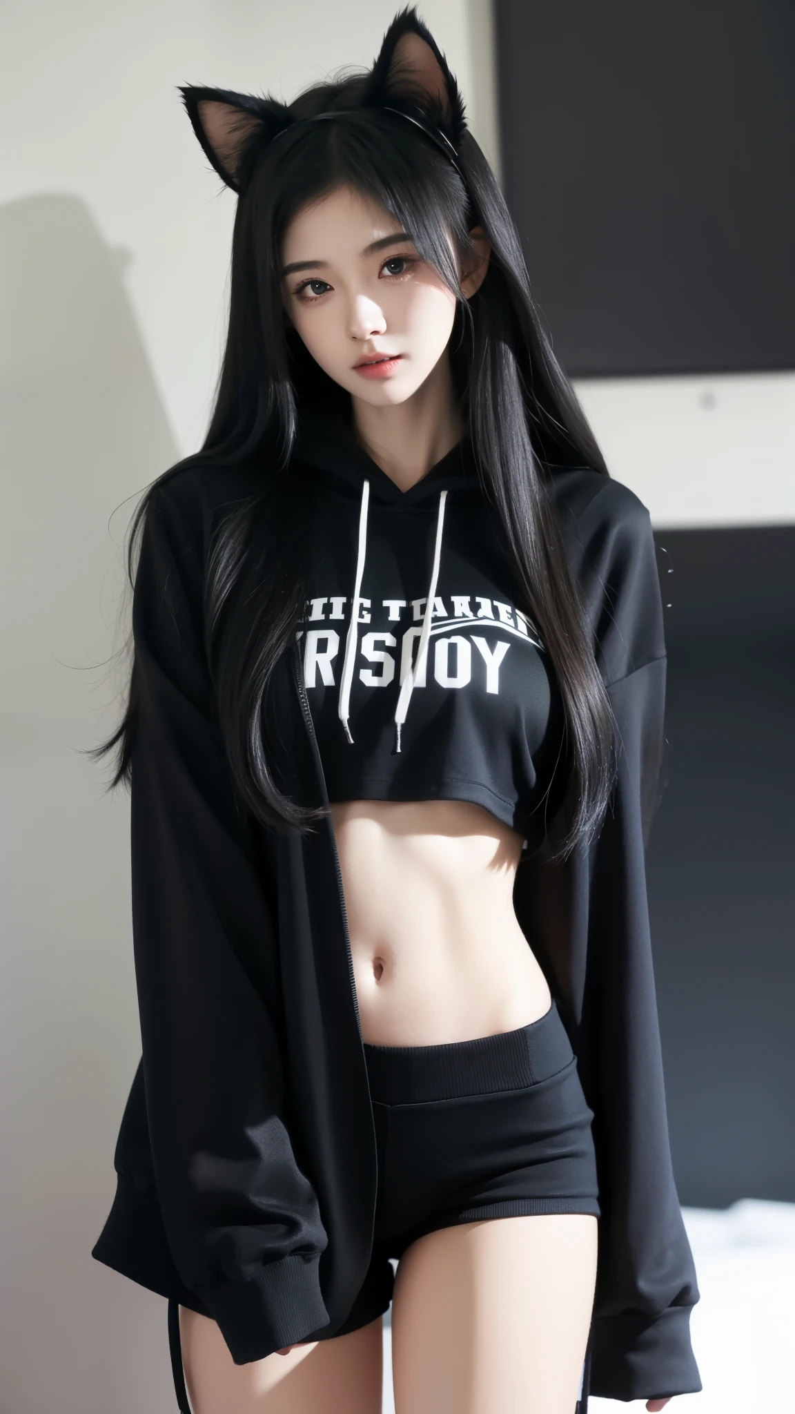 1 Girl，camera looking down upon，Huge ，Black Hoodie，不穿shorts，No pants，shorts，thigh，Black Hair，Cat ears,